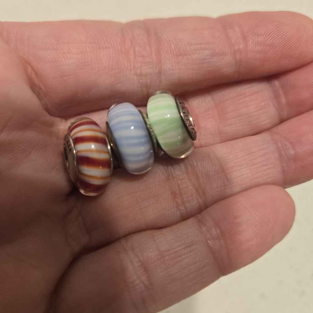 Pandora Authentic Candy Cane Stripe Murano Glass Beads In Red, Blue, Green